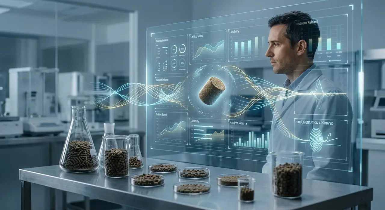 Sinking-speed, size and durability of a feed sample reviewed against its measurement record