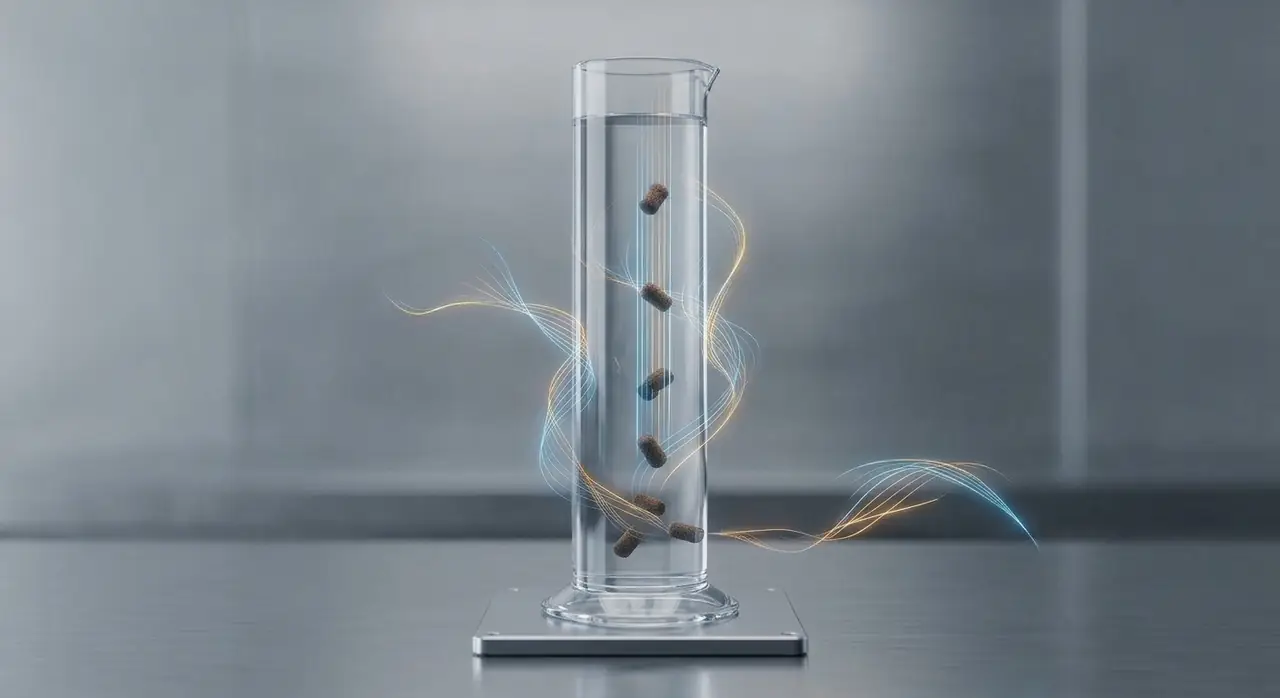 Feed pellets sinking through the still-water measurement column of the sidometer instrument