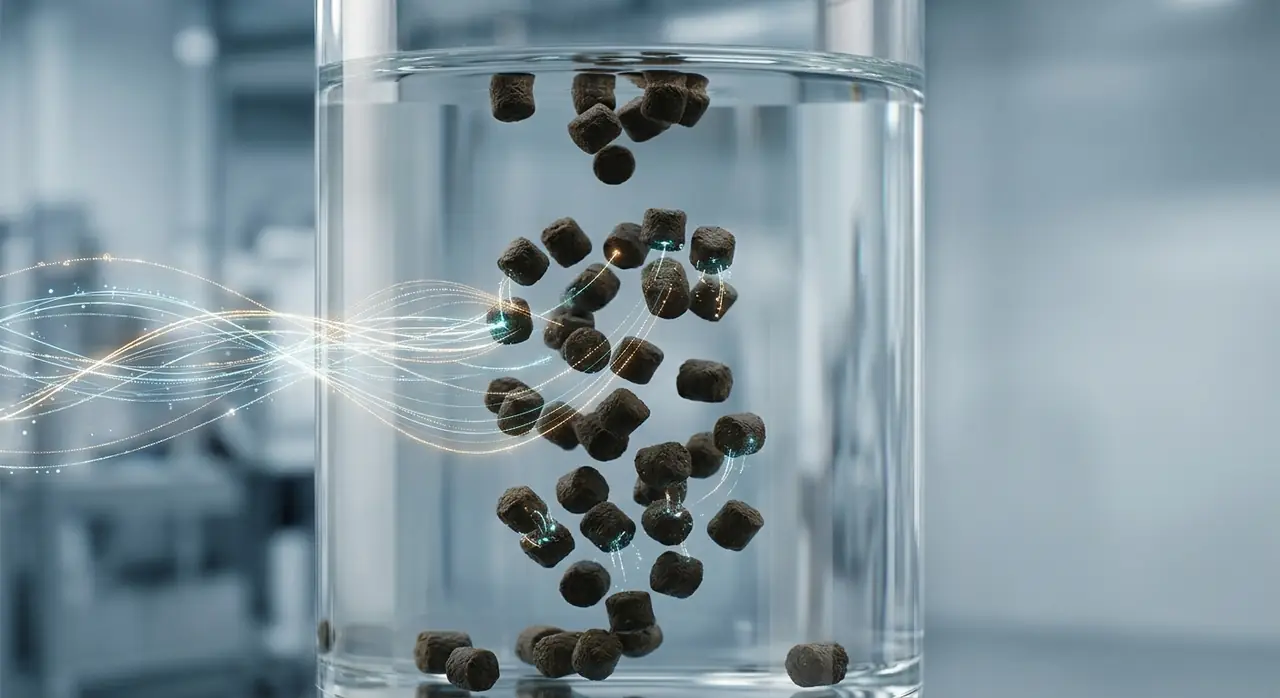 Many feed pellets sinking together through the illuminated measurement column, each on its own trajectory
