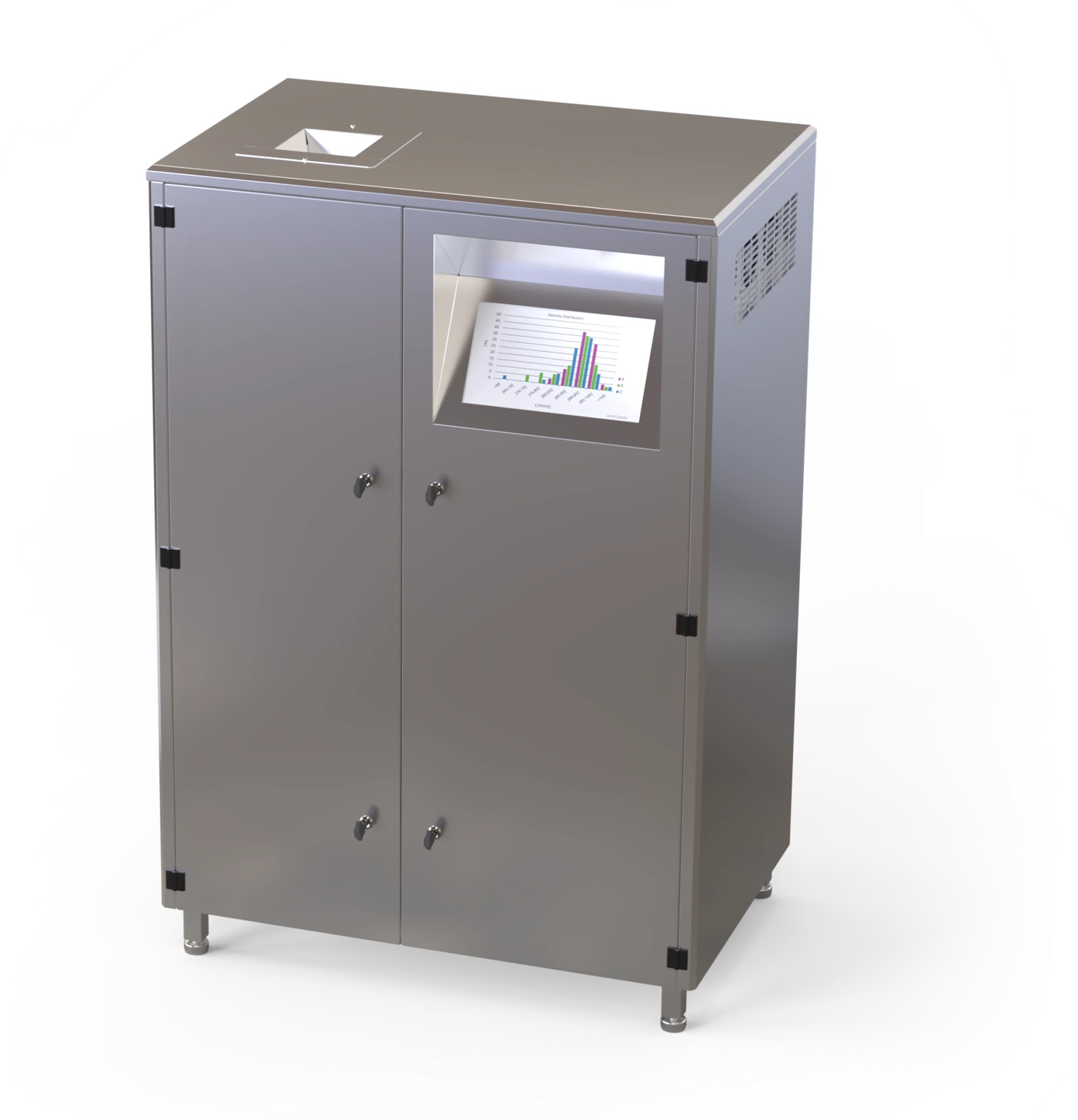 The sidometer, a stainless-steel online feed quality instrument with a top sample hopper and a results screen