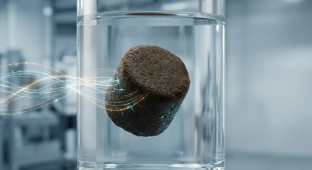 A single feed pellet suspended in the still-water measurement column
